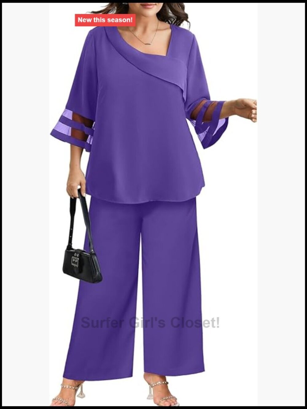 Plus Size 2 Piece Pant Suit Mesh Bell Sleeve Dressy Pantsuits for Wedding Guest